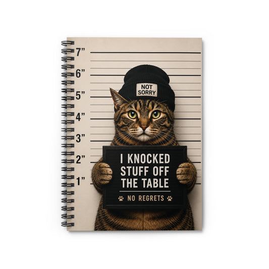 Mugshot Cat Spiral Notebook — "I Knocked Stuff Off The Table" Ruled Journal