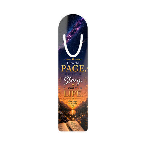 Bookmark — "Turn the Page, Write Your Story, Change Your Life" Inspirational Metal Bookmark