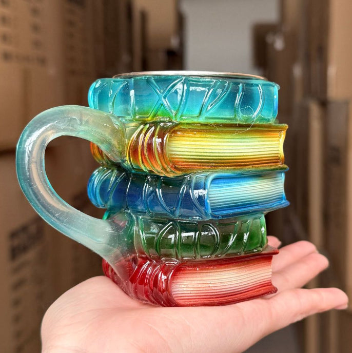 Glass mug for book lovers with stacked-book appearance