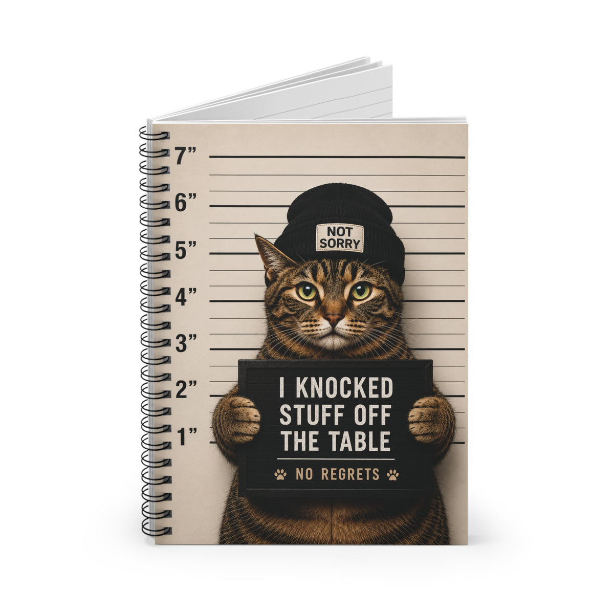 Mugshot Cat Spiral Notebook — "I Knocked Stuff Off The Table" Ruled Journal