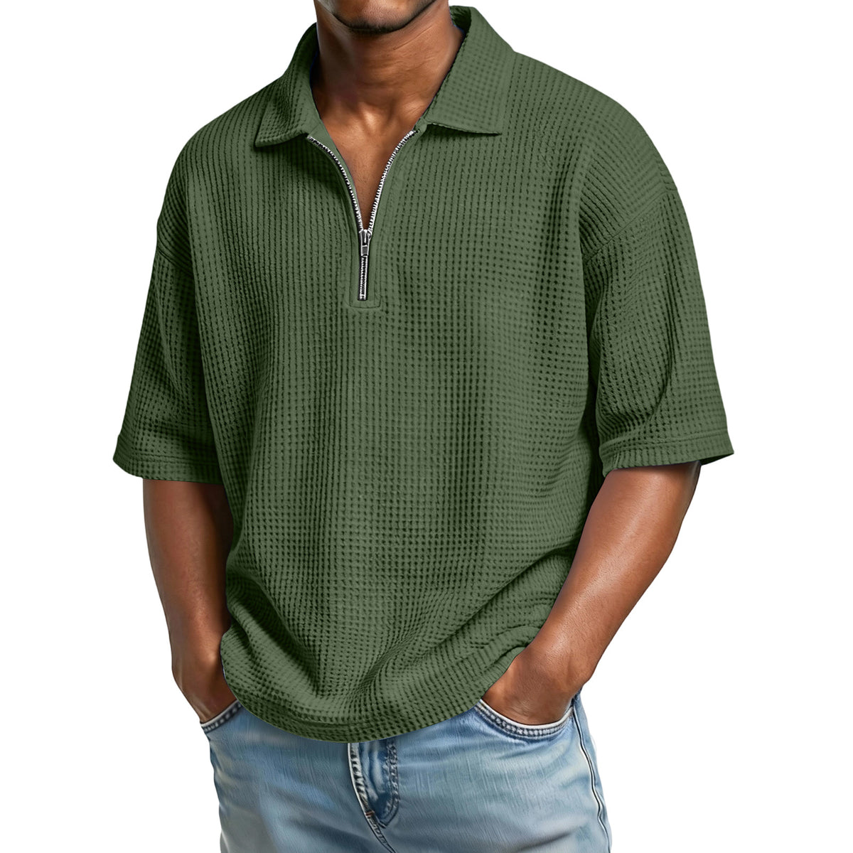 Short-sleeve waffle polo shirt product view