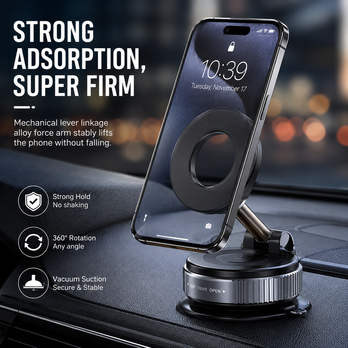 Magnetic car phone holder mounted for easy driving visibility