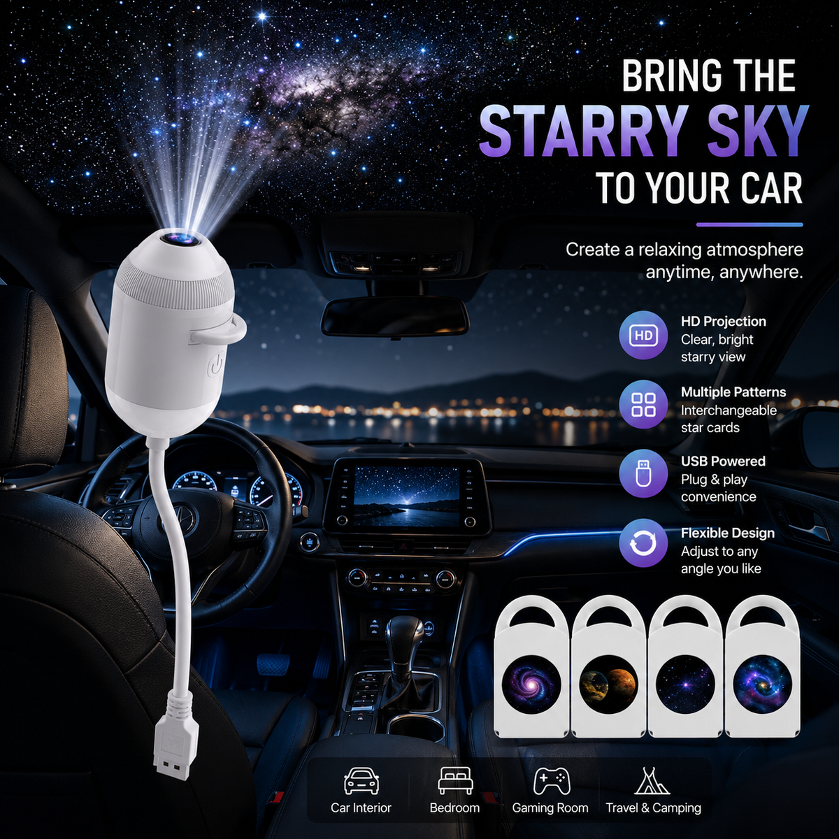 Galaxy Star Projector – USB Night Sky Light with Interchangeable Cards