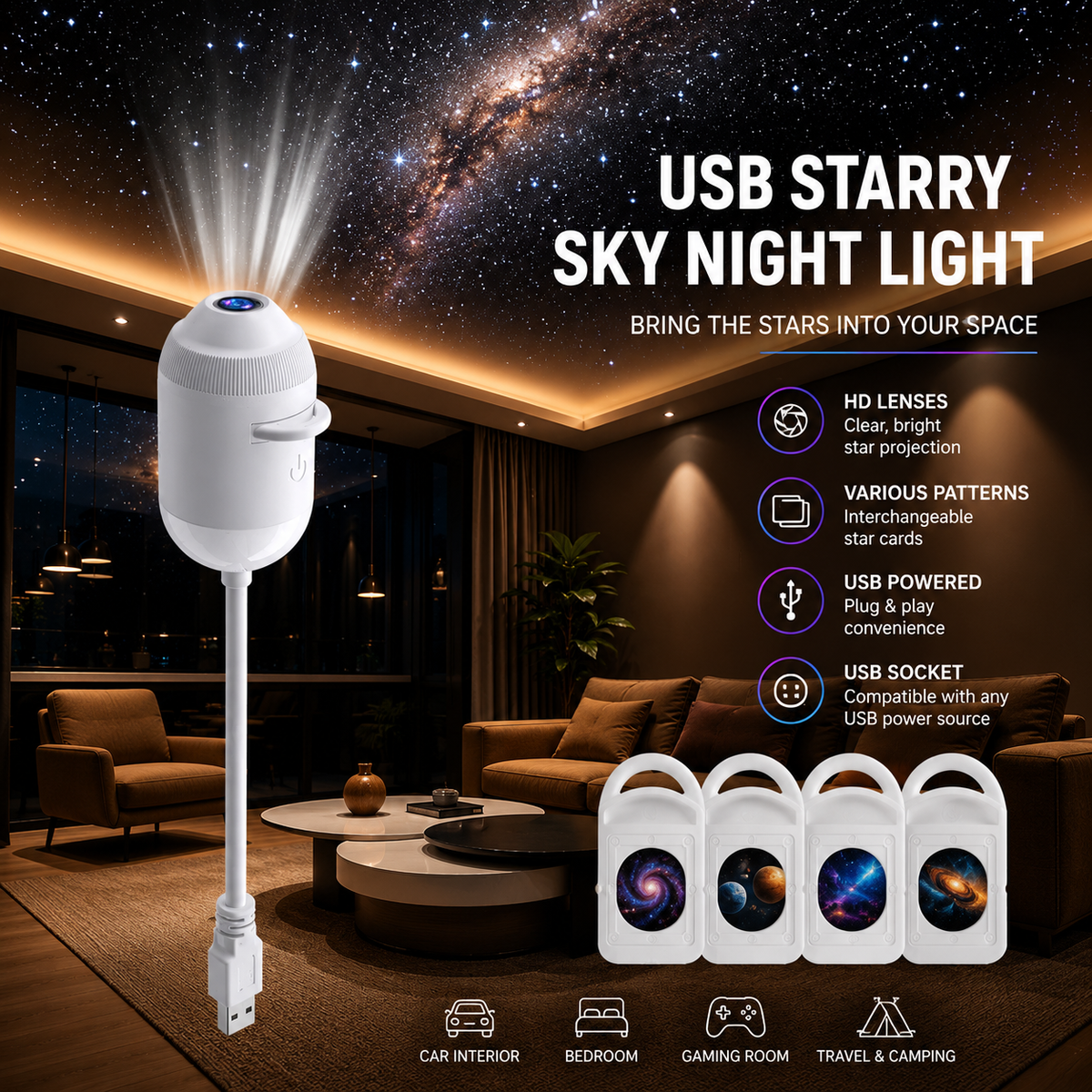 Galaxy Star Projector – USB Night Sky Light with Interchangeable Cards