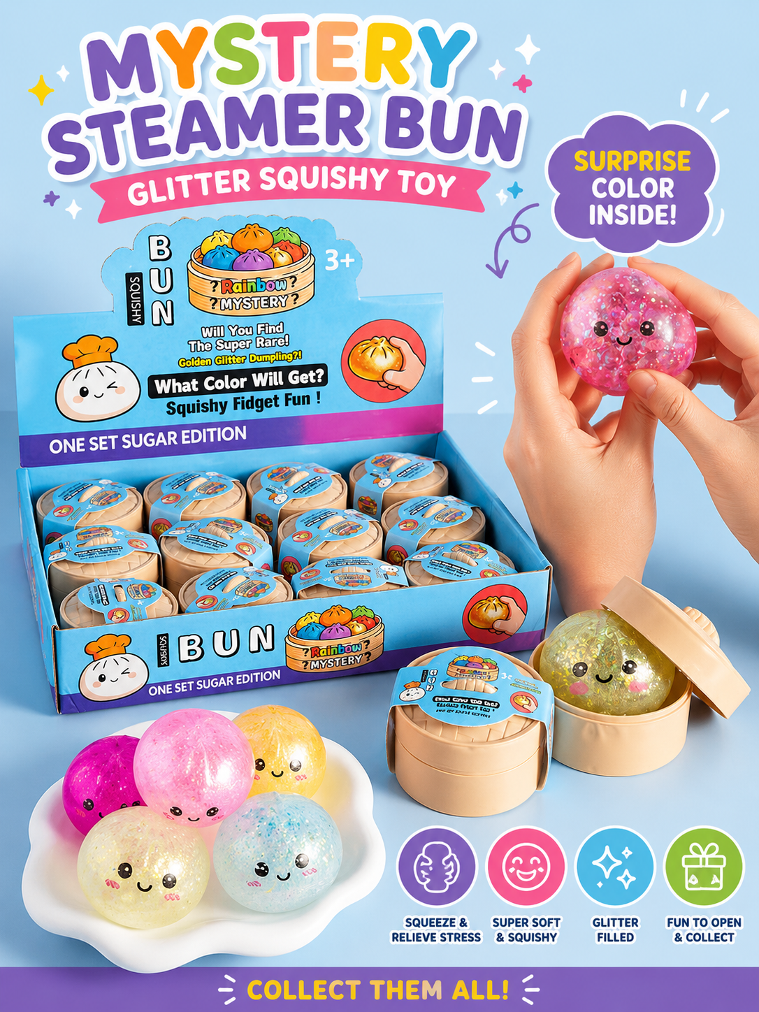 Mystery Steamer Bun Glitter Squishy Fidget Toy