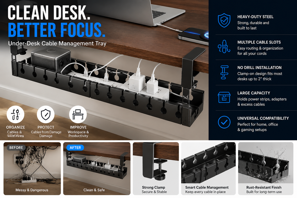 Under-Desk Cable Management Tray – Clean, Clutter-Free Workspace