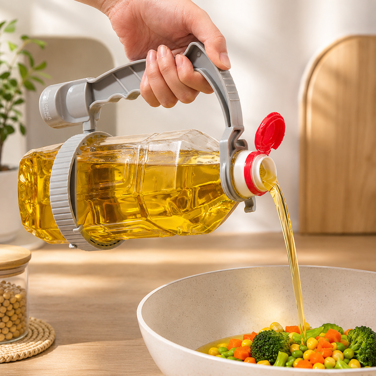 Adjustable bottle pouring handle for easier kitchen pouring
