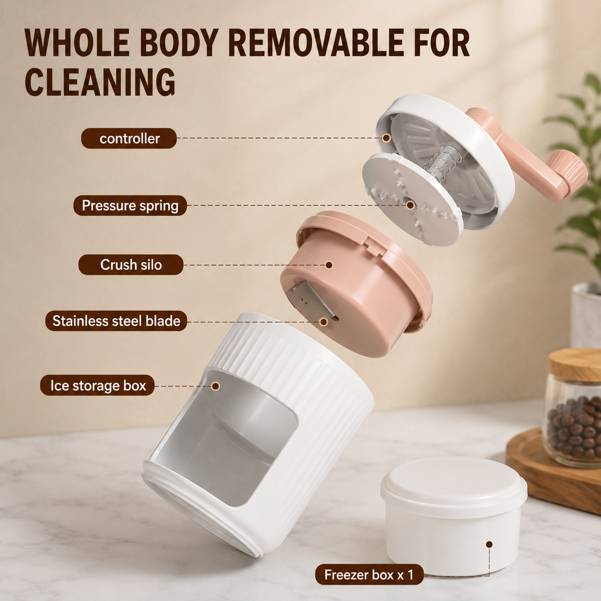 Compact hand-crank ice shaver for frozen desserts