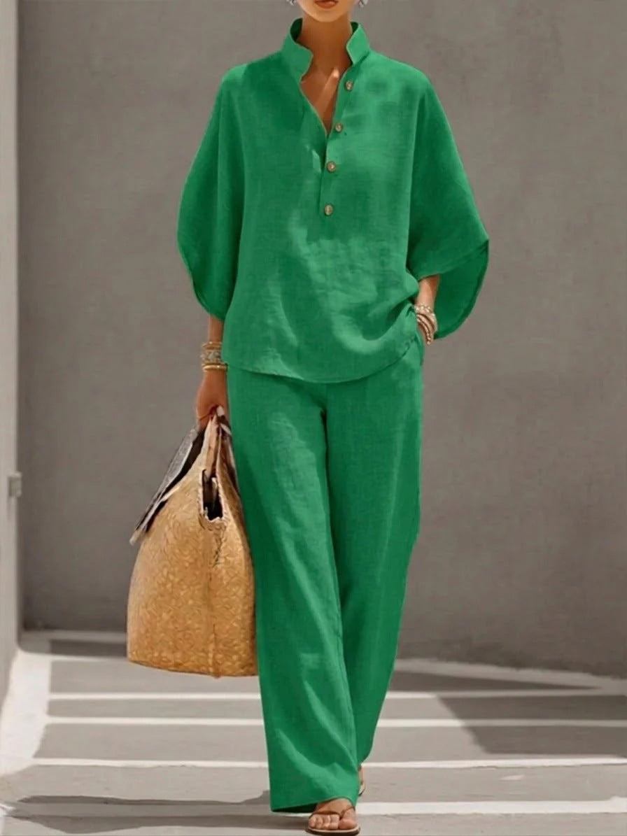 Women's short-sleeve top and straight-leg pants outfit