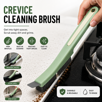Crevice Cleaning Brush cleaning a tight stove gap, with features and household uses