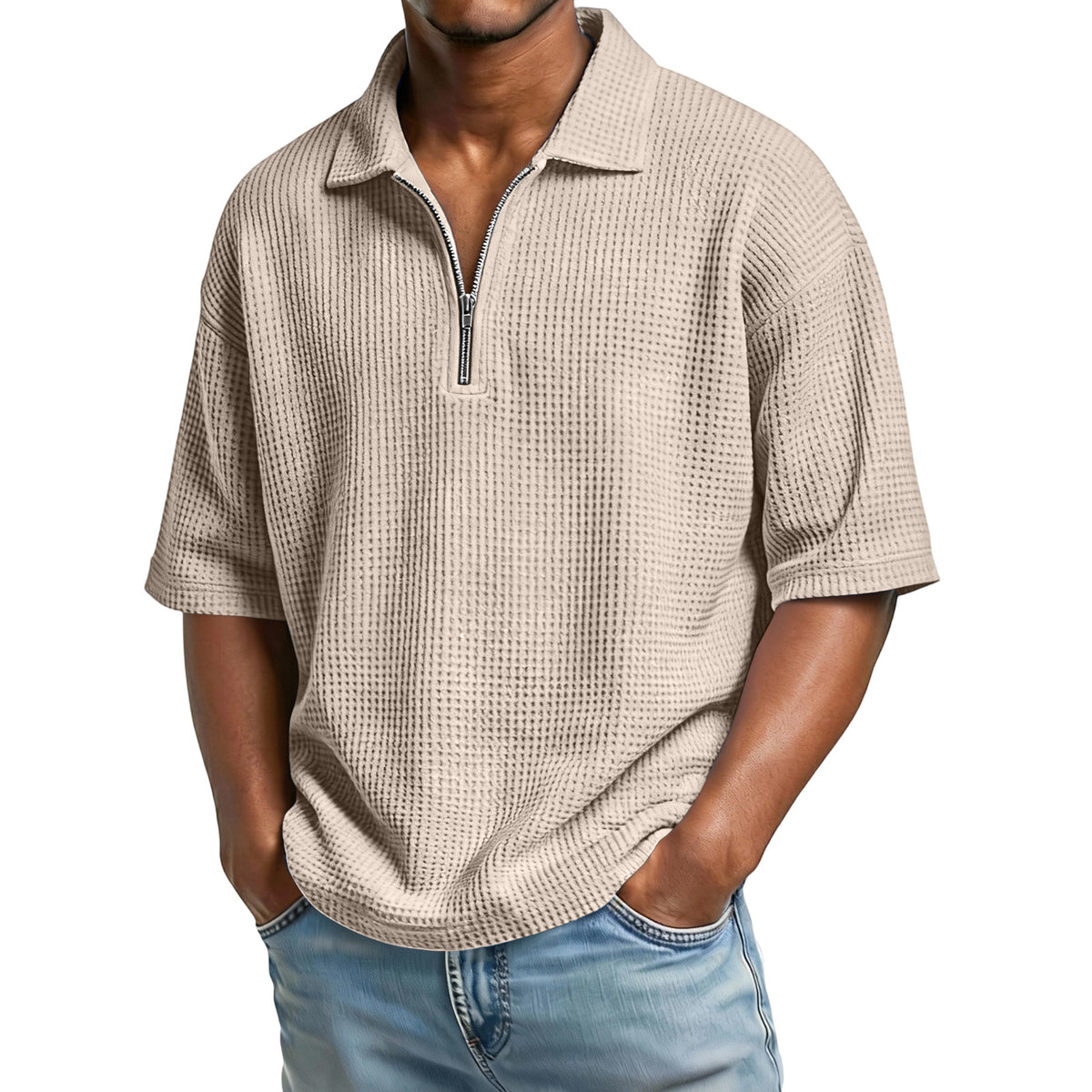 Men's textured polo shirt warm-weather outfit view