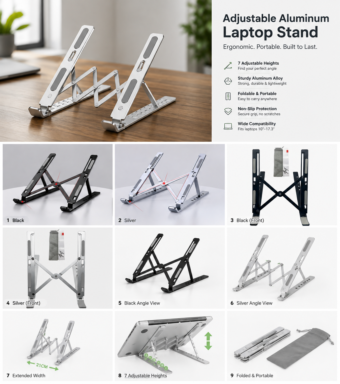 Adjustable aluminum laptop stand product details and portability