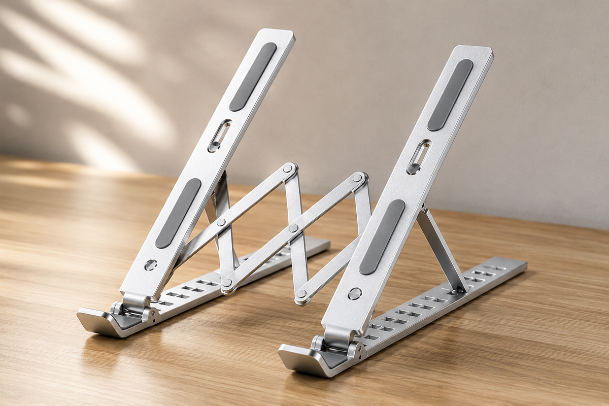 Adjustable aluminum laptop stand on a clean desk