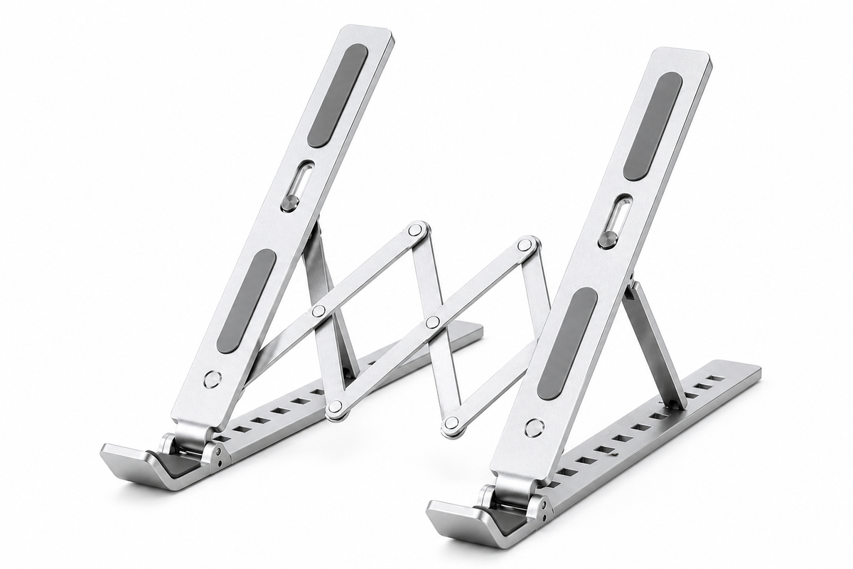 Silver adjustable aluminum laptop stand on white background
