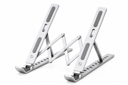 Silver adjustable aluminum laptop stand on white background