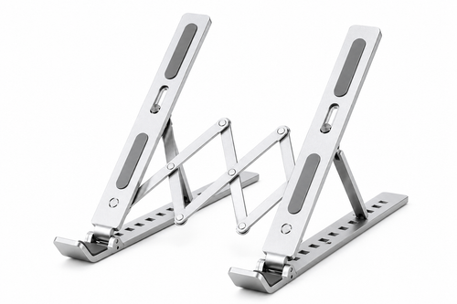 Silver adjustable aluminum laptop stand on white background