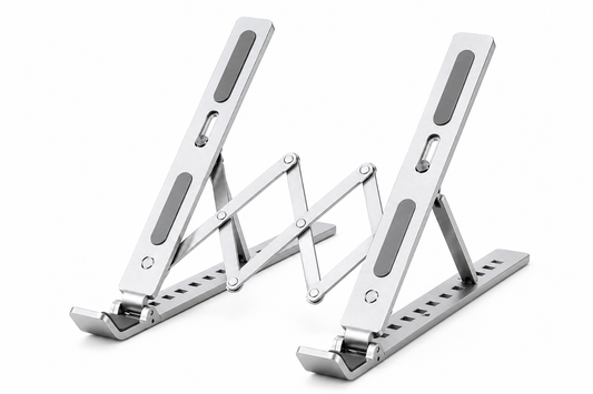 Silver adjustable aluminum laptop stand on white background