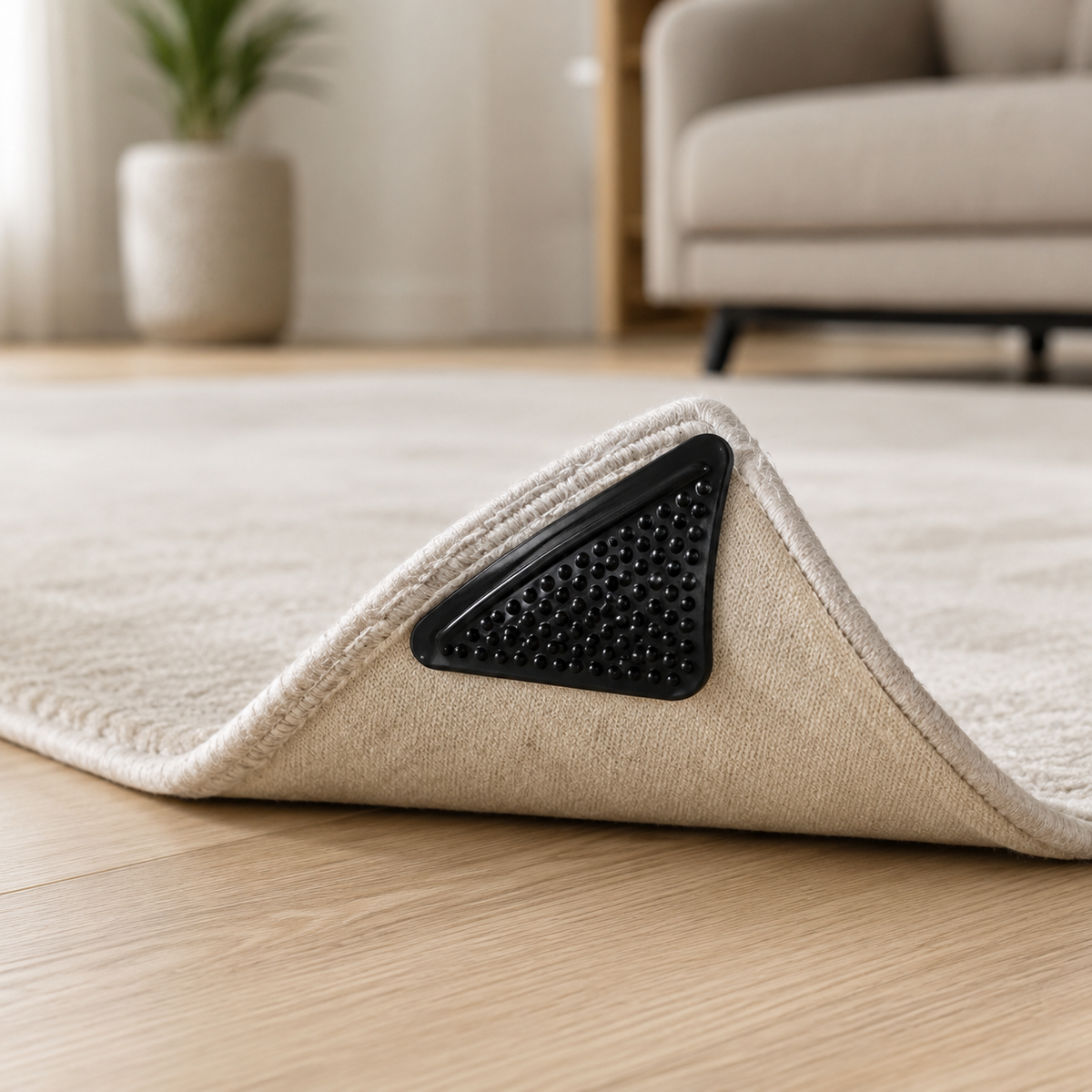 Anti-slip rug gripper installed under a rug corner